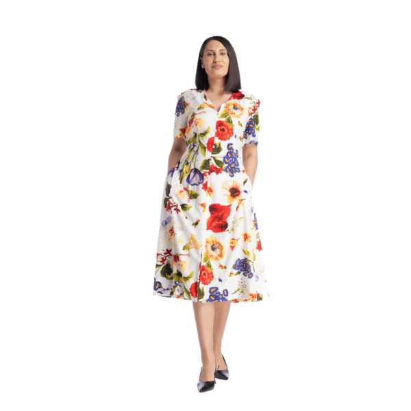 Rochie midi cu slit, nasturi decorativi si maneca clasica