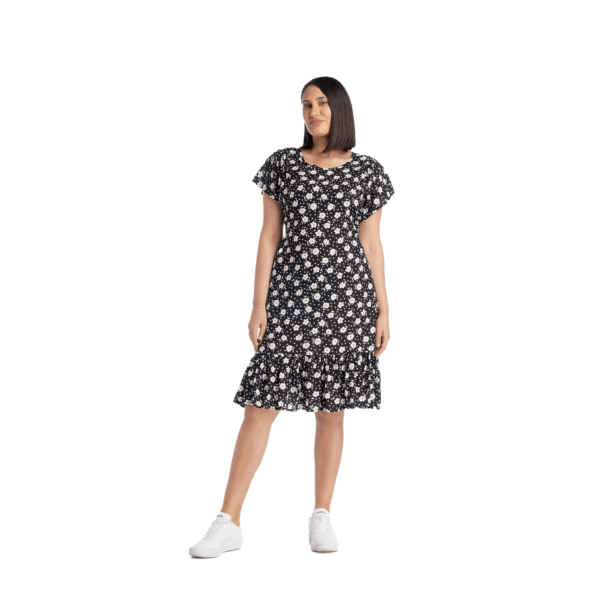 Rochie cu flori albe, volan si maneca cazuta - imagine 3