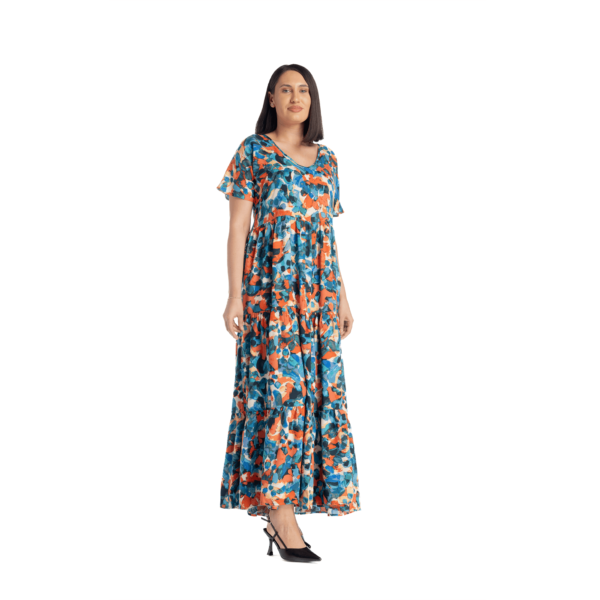 Rochie albastră maxi cu volane